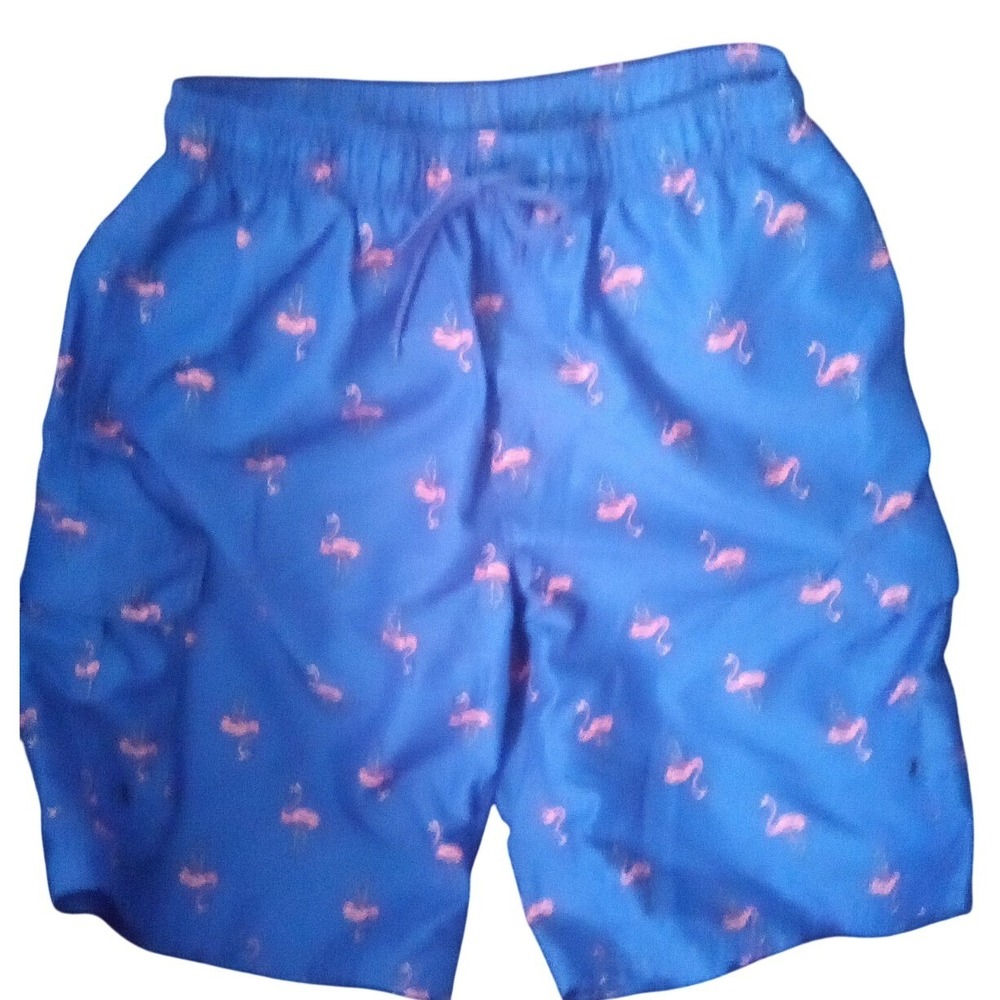 Canyon Creek Mens Blue Pink Flamingo Print Swim Trunks Cargo Pocket Mesh Lined M